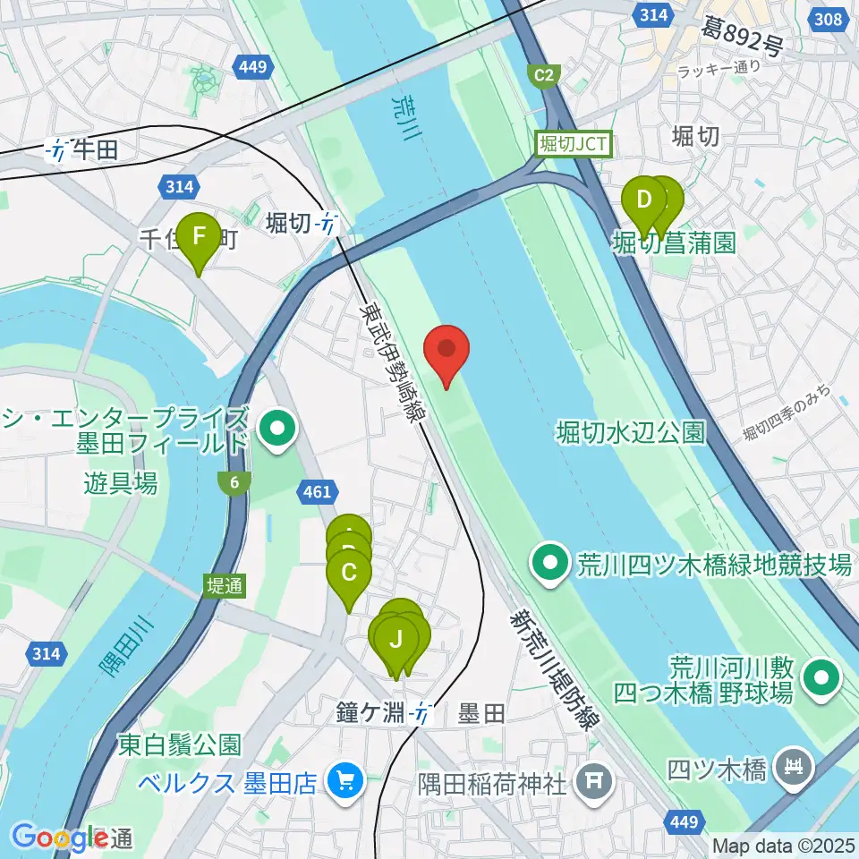 鐘淵球技場周辺のファミレス・ファーストフード一覧地図