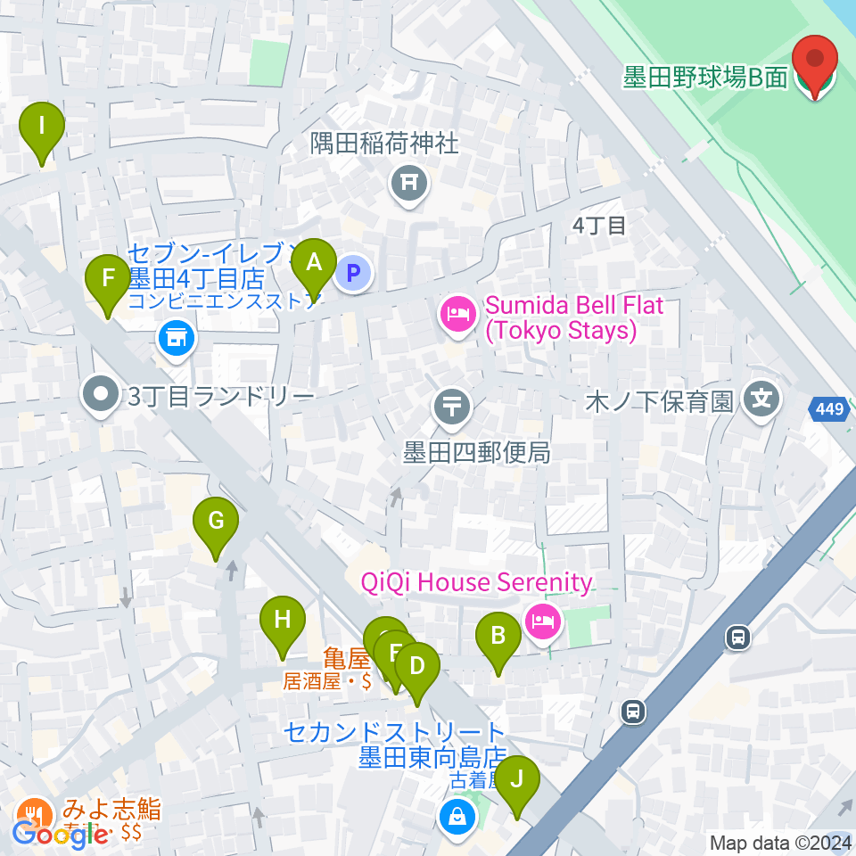 墨田野球場周辺のファミレス・ファーストフード一覧地図