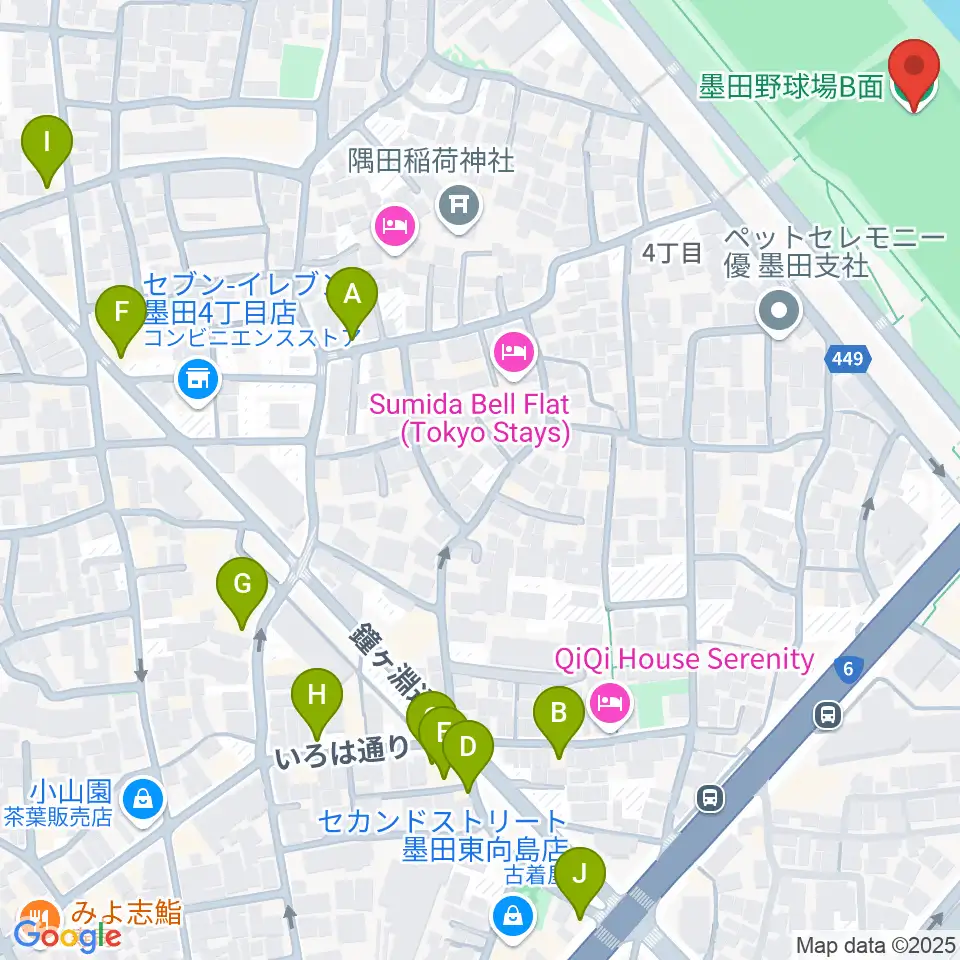墨田野球場周辺のファミレス・ファーストフード一覧地図