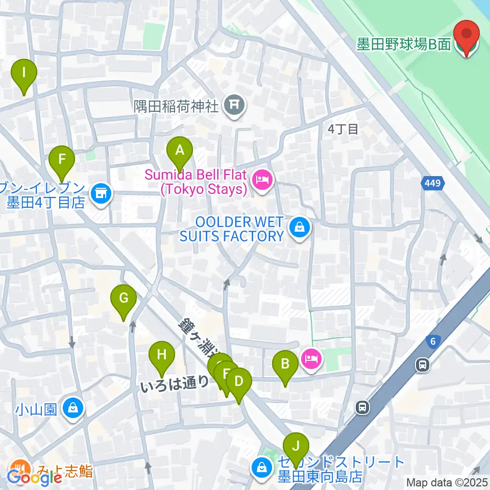 墨田野球場周辺のファミレス・ファーストフード一覧地図