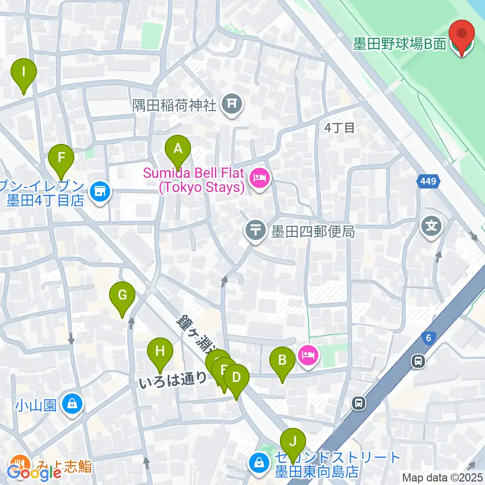墨田野球場周辺のファミレス・ファーストフード一覧地図