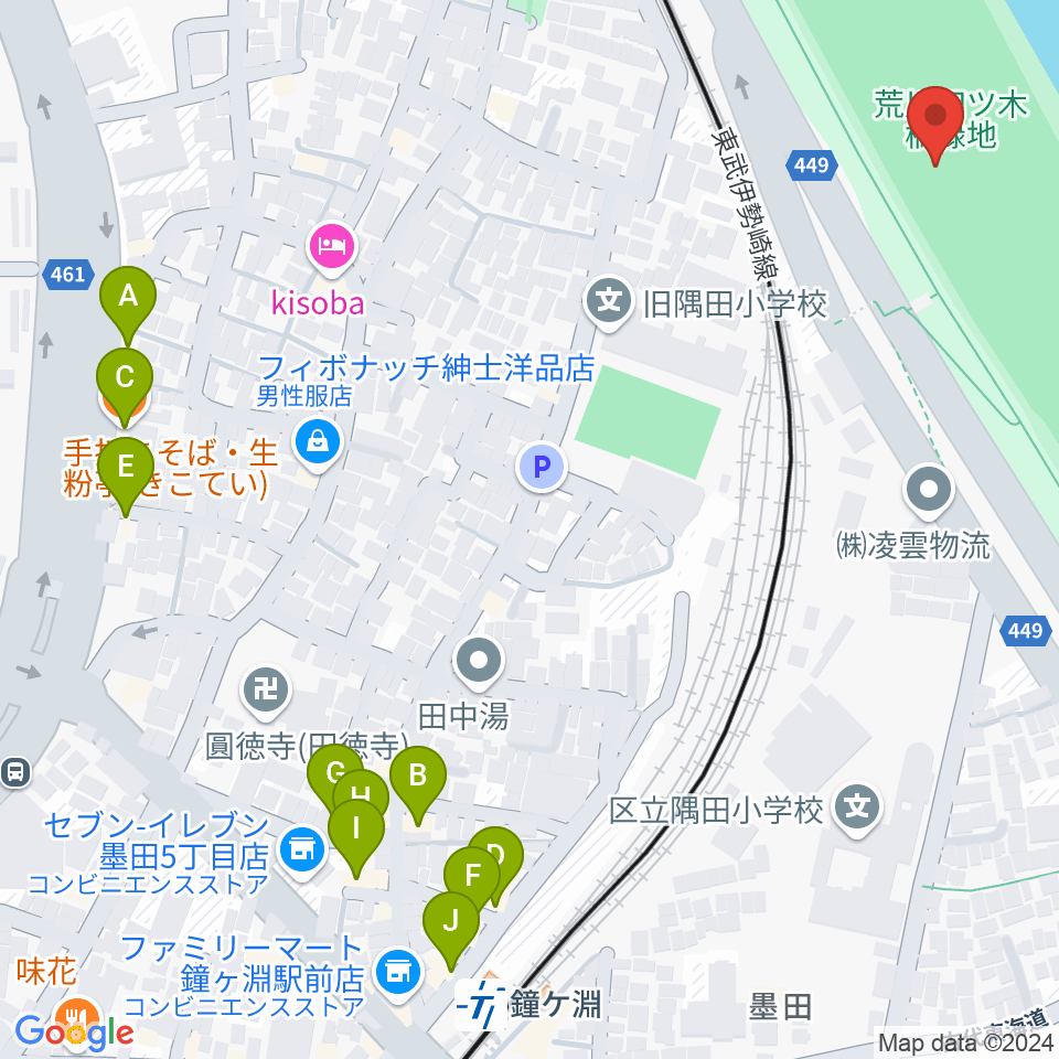 荒川四ツ木橋緑地野球場周辺のファミレス・ファーストフード一覧地図