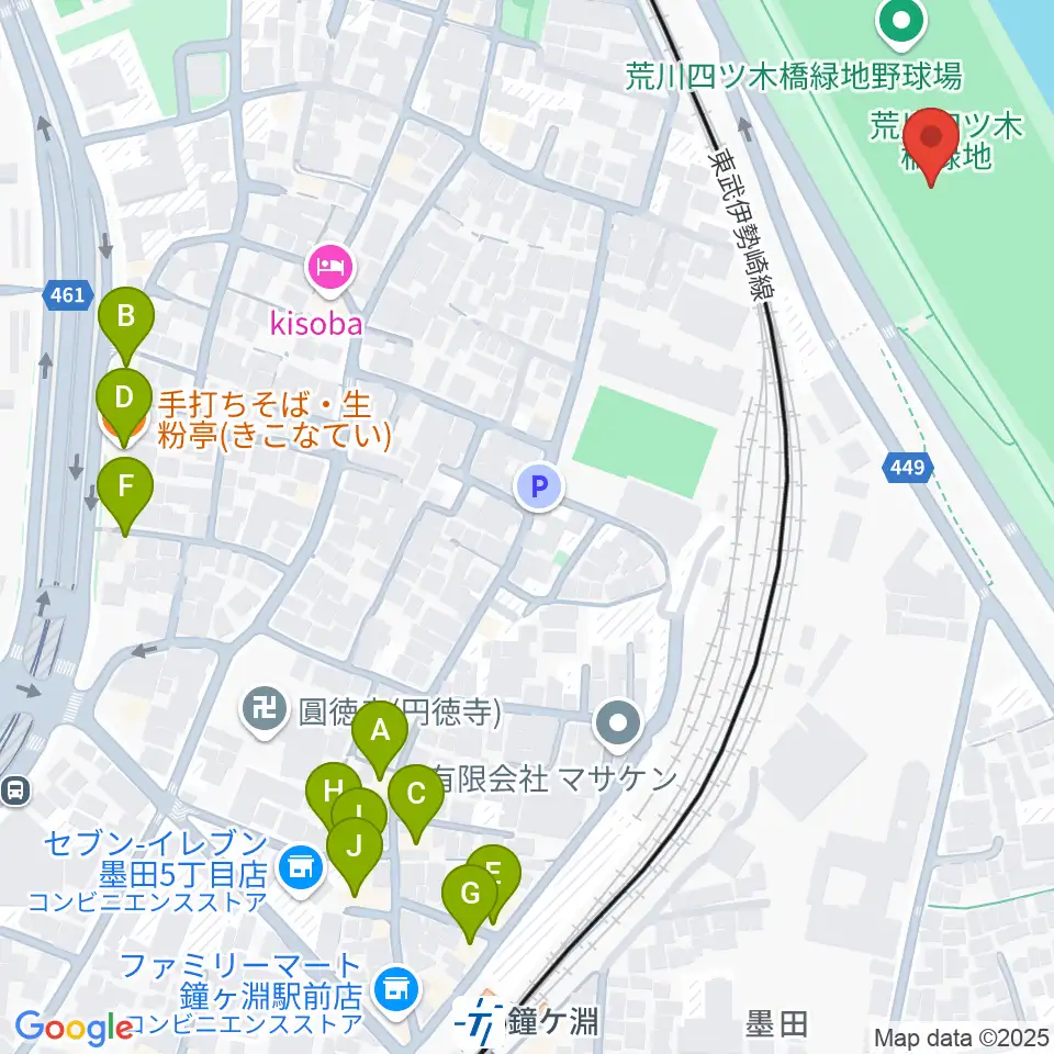 荒川四ツ木橋緑地野球場周辺のファミレス・ファーストフード一覧地図