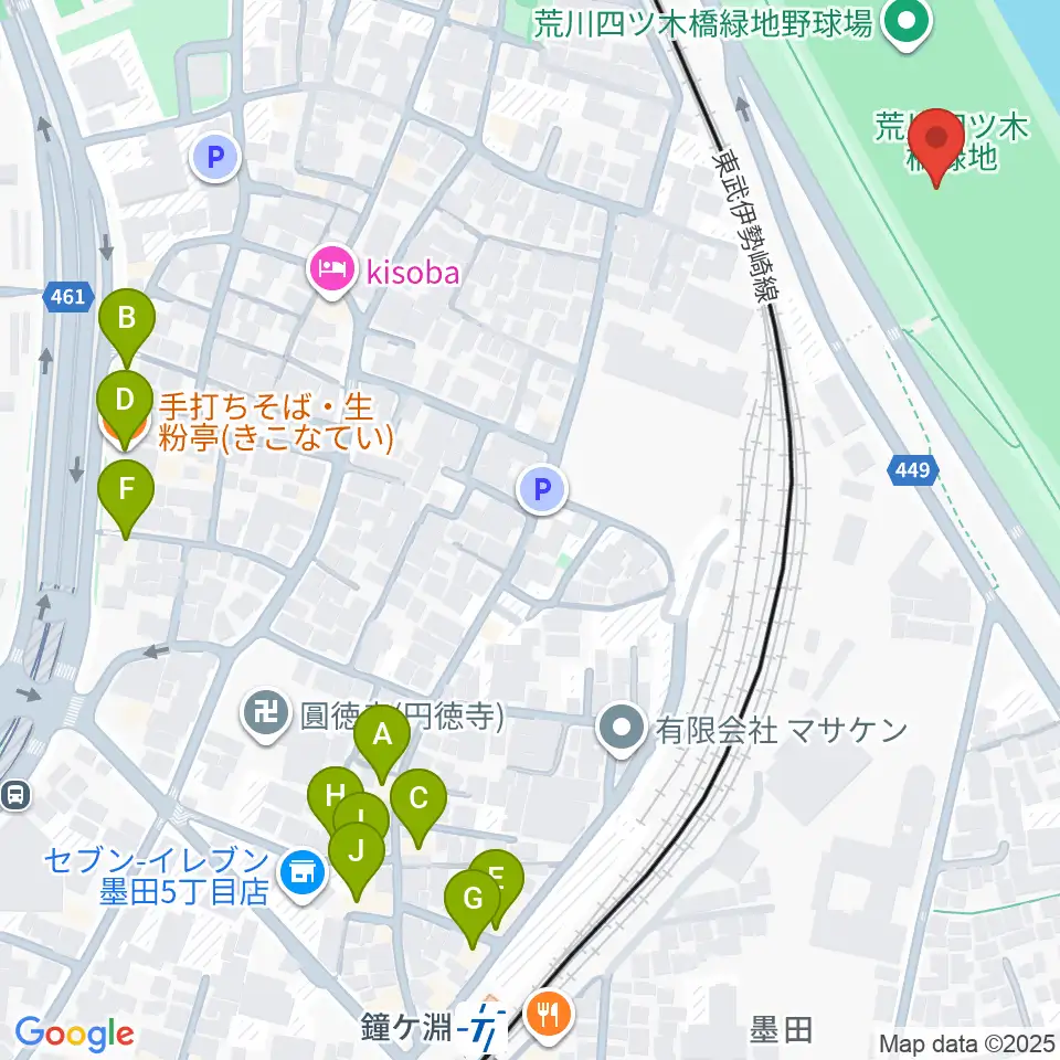 荒川四ツ木橋緑地野球場周辺のファミレス・ファーストフード一覧地図