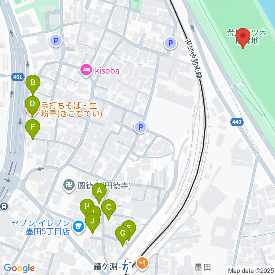 荒川四ツ木橋緑地野球場周辺のファミレス・ファーストフード一覧地図