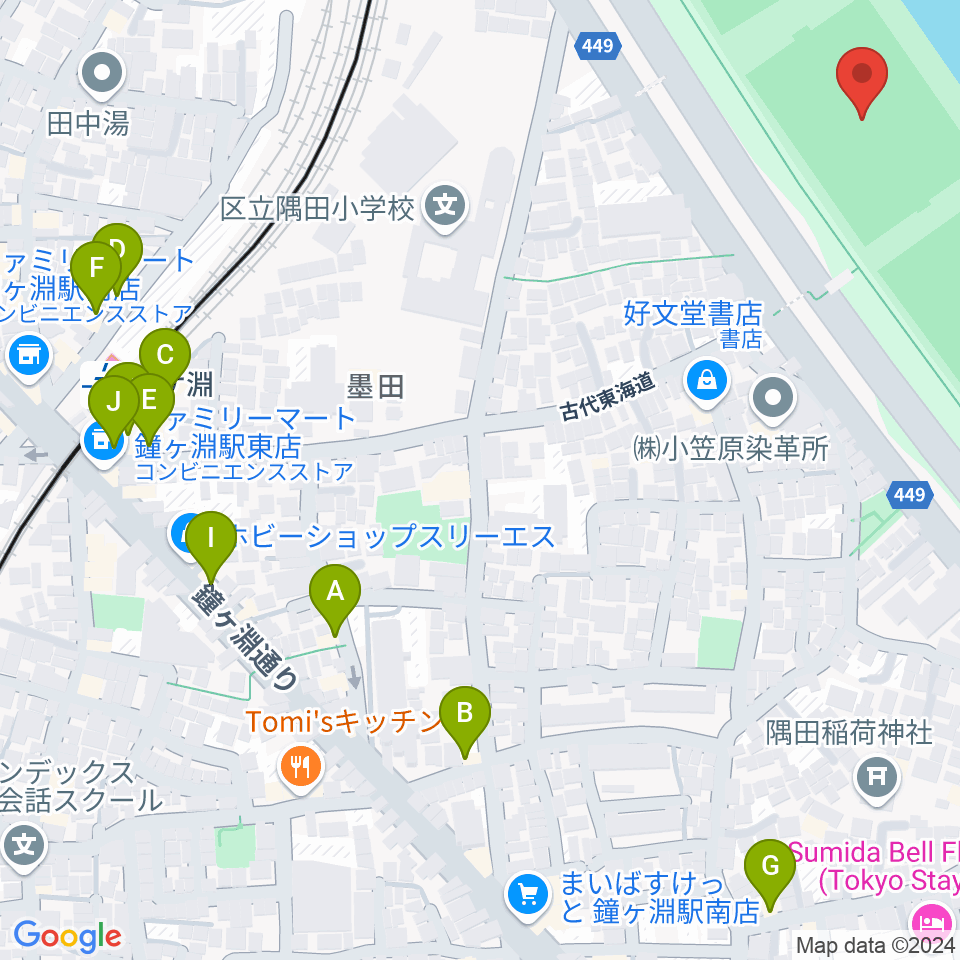 荒川四ツ木橋緑地球技場周辺のファミレス・ファーストフード一覧地図