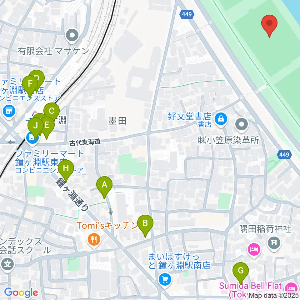 荒川四ツ木橋緑地球技場周辺のファミレス・ファーストフード一覧地図