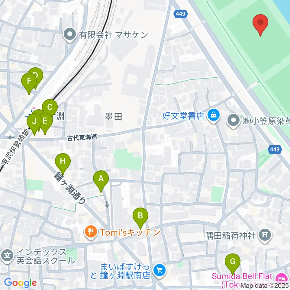 荒川四ツ木橋緑地球技場周辺のファミレス・ファーストフード一覧地図