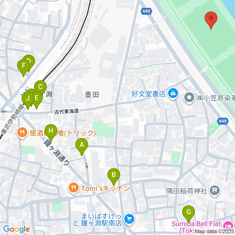 荒川四ツ木橋緑地球技場周辺のファミレス・ファーストフード一覧地図