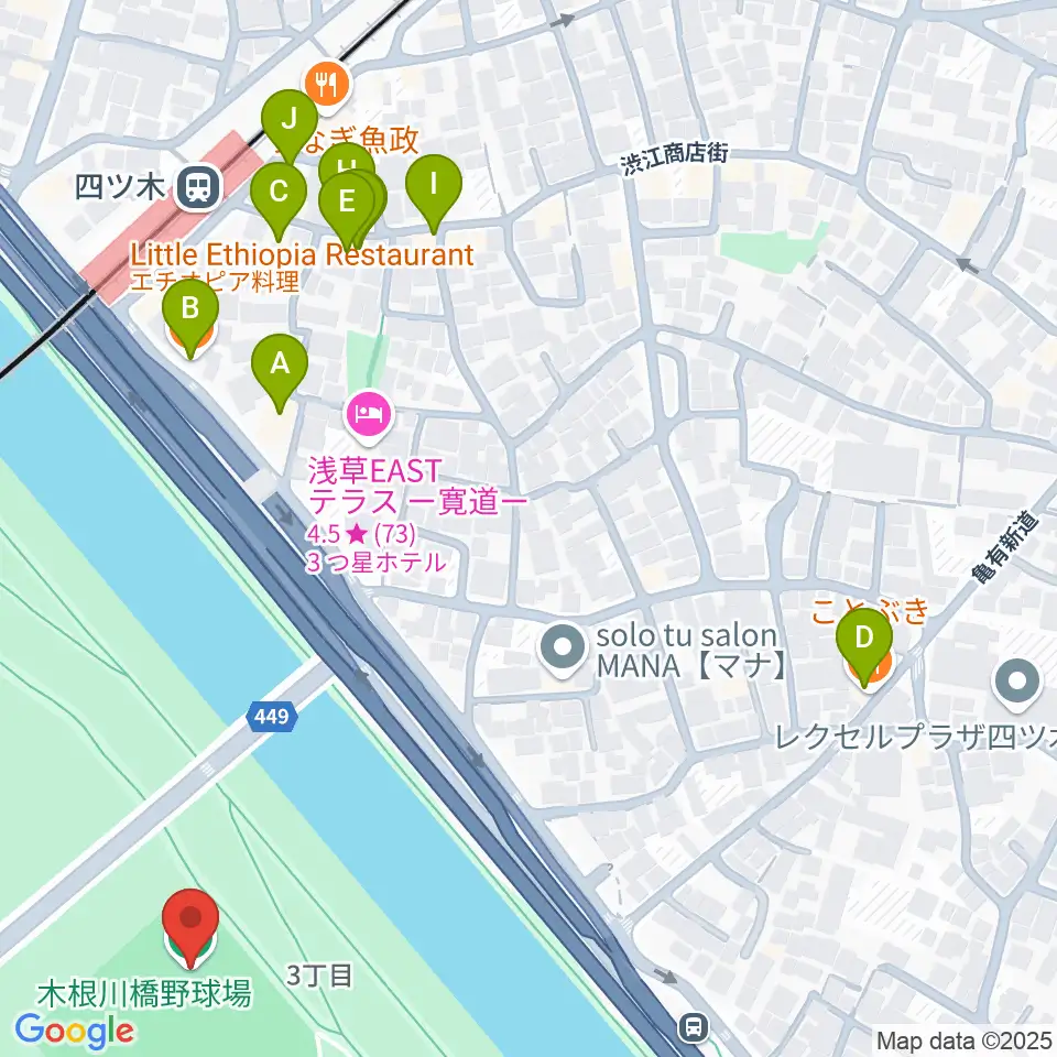 木根川橋野球場周辺のファミレス・ファーストフード一覧地図