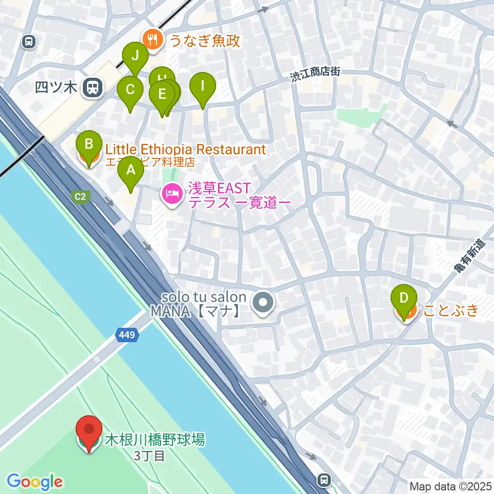 木根川橋野球場周辺のファミレス・ファーストフード一覧地図