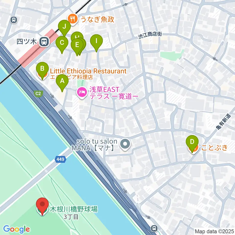 木根川橋野球場周辺のファミレス・ファーストフード一覧地図