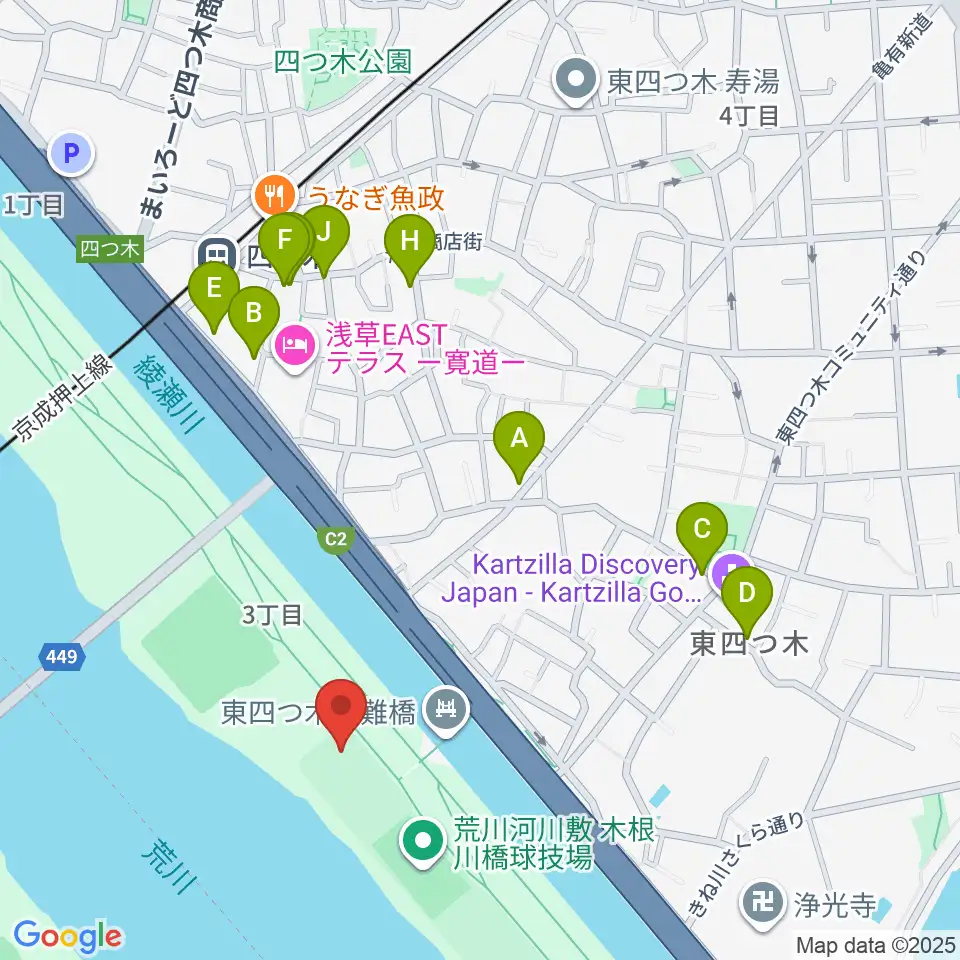 木根川橋少年野球場周辺のファミレス・ファーストフード一覧地図