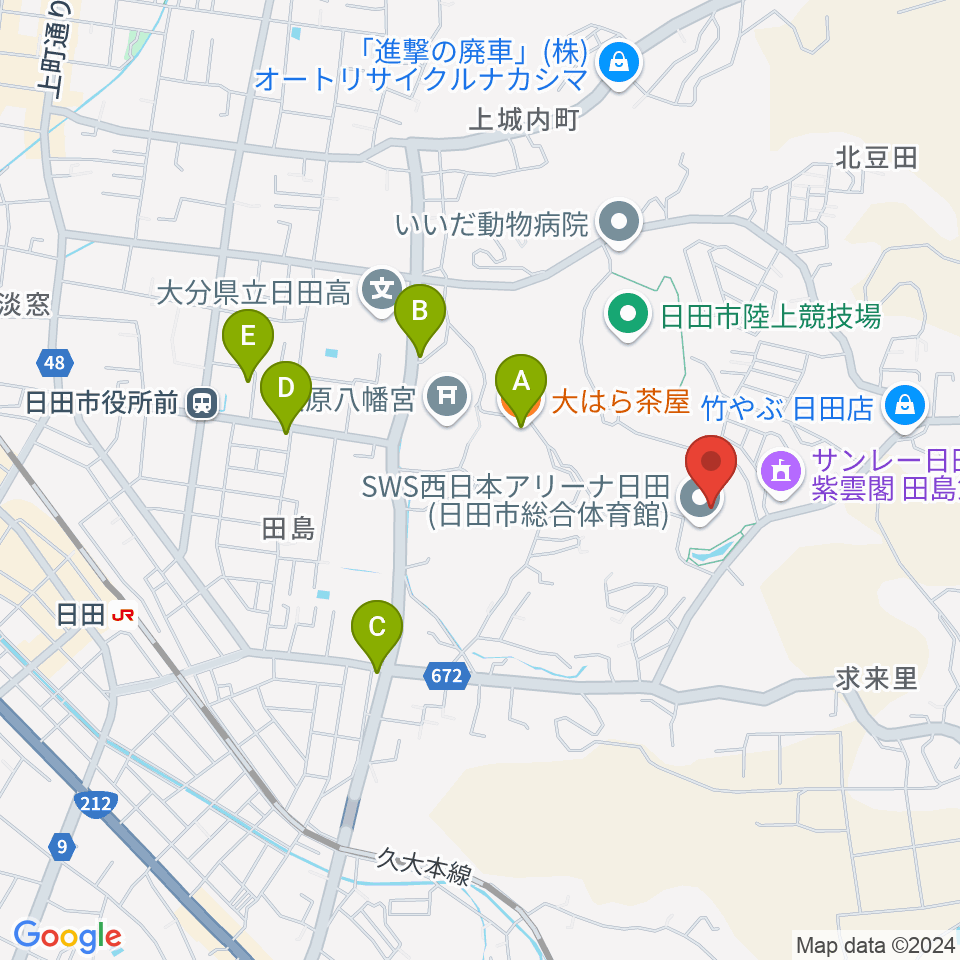 SWS西日本アリーナ日田周辺のファミレス・ファーストフード一覧地図