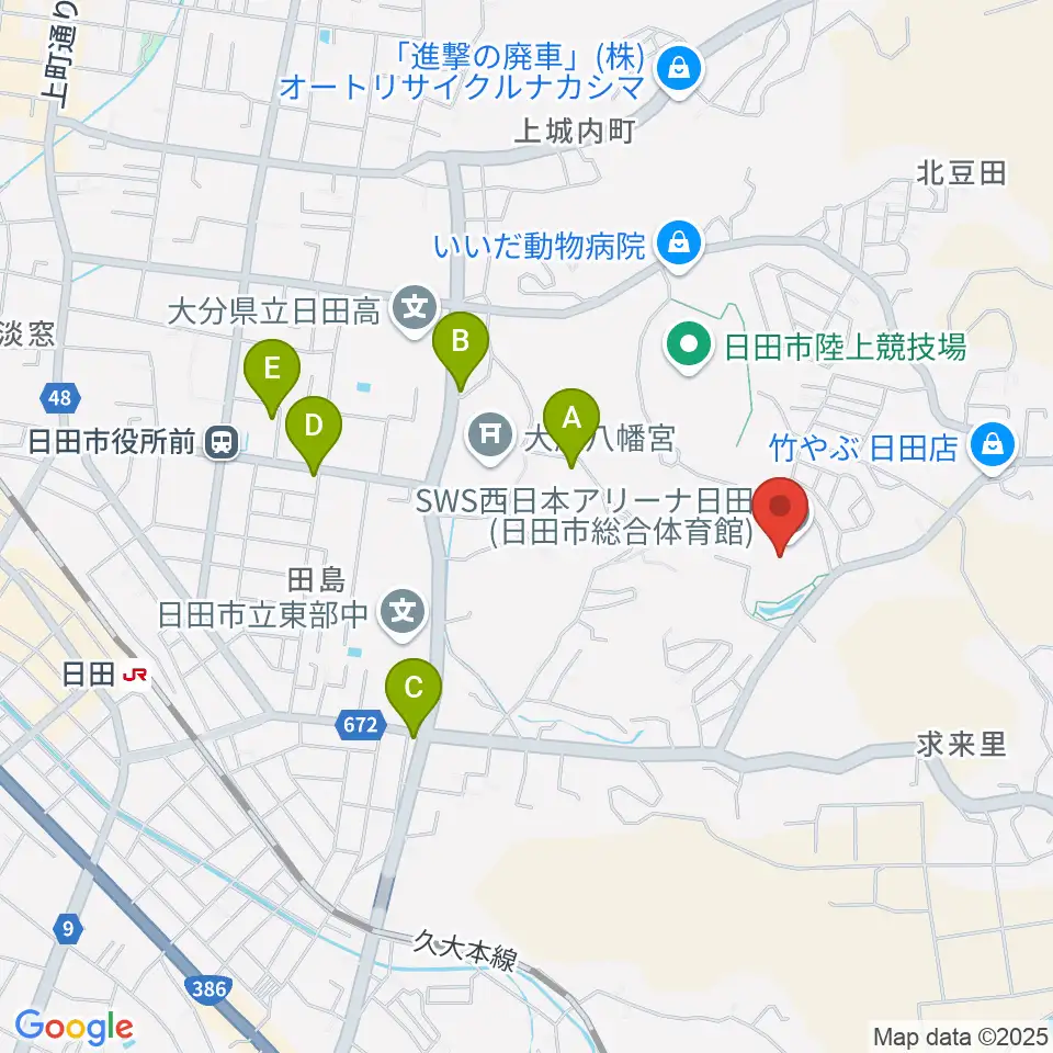 SWS西日本アリーナ日田周辺のファミレス・ファーストフード一覧地図