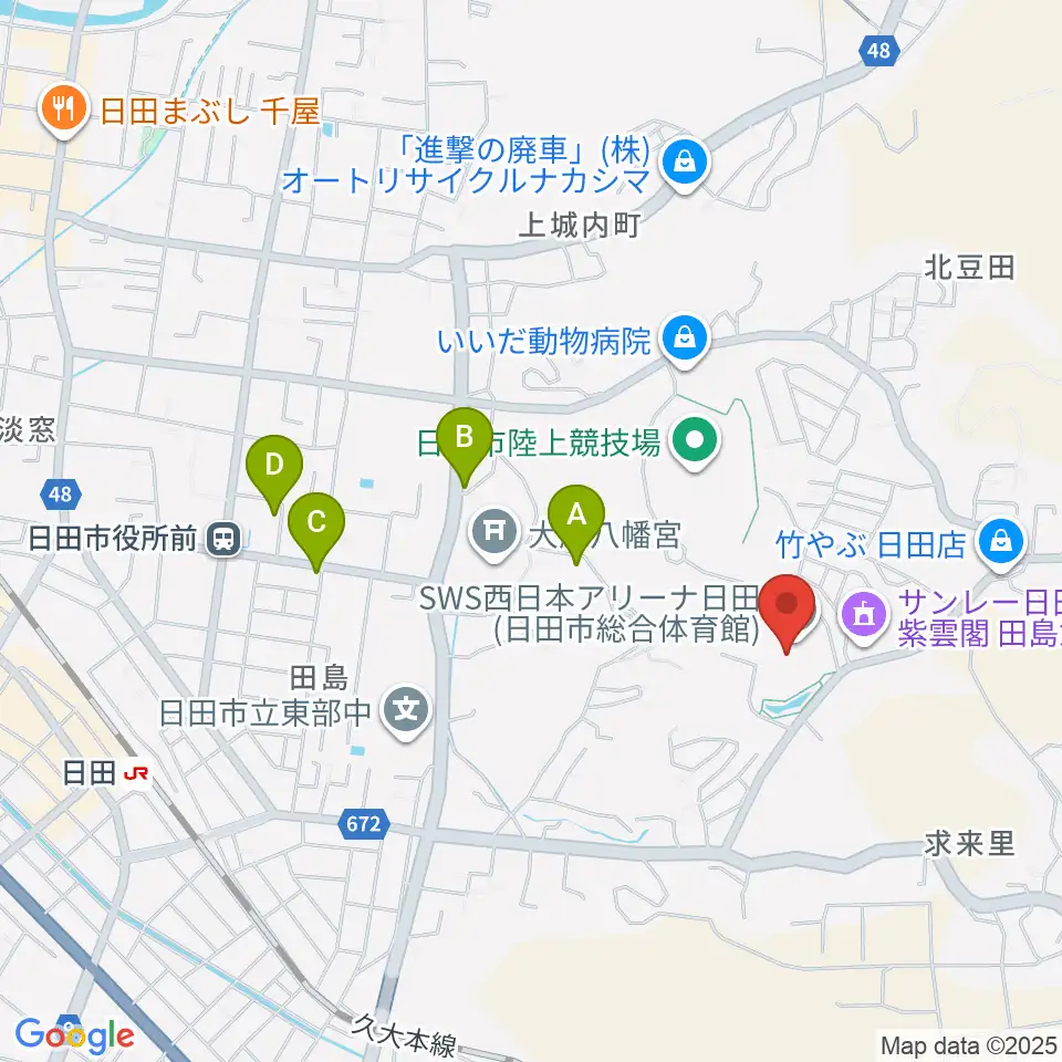 SWS西日本アリーナ日田周辺のファミレス・ファーストフード一覧地図