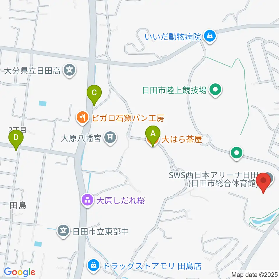 SWS西日本アリーナ日田周辺のファミレス・ファーストフード一覧地図