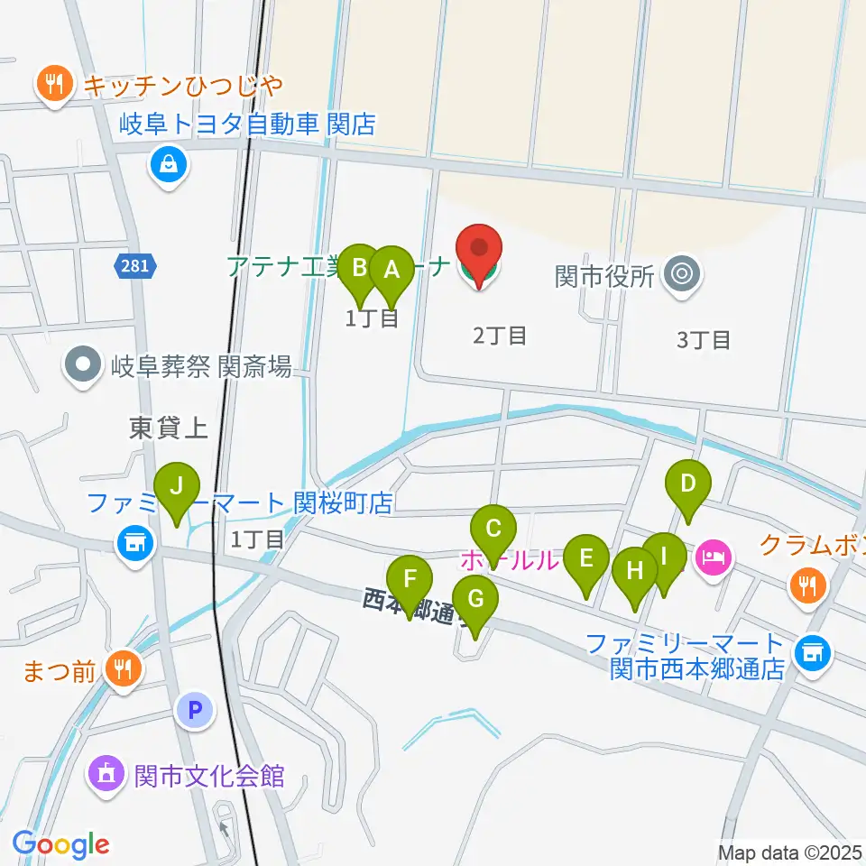 アテナ工業アリーナ周辺のファミレス・ファーストフード一覧地図