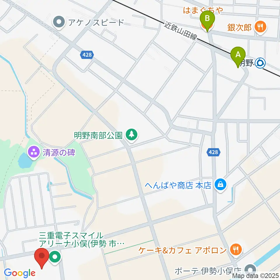 三重電子スマイルアリーナ小俣周辺のファミレス・ファーストフード一覧地図