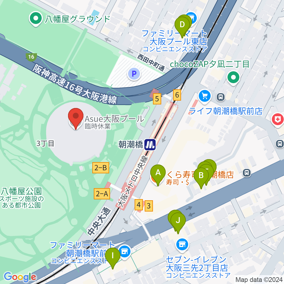 Asue大阪プール周辺のファミレス・ファーストフード一覧地図