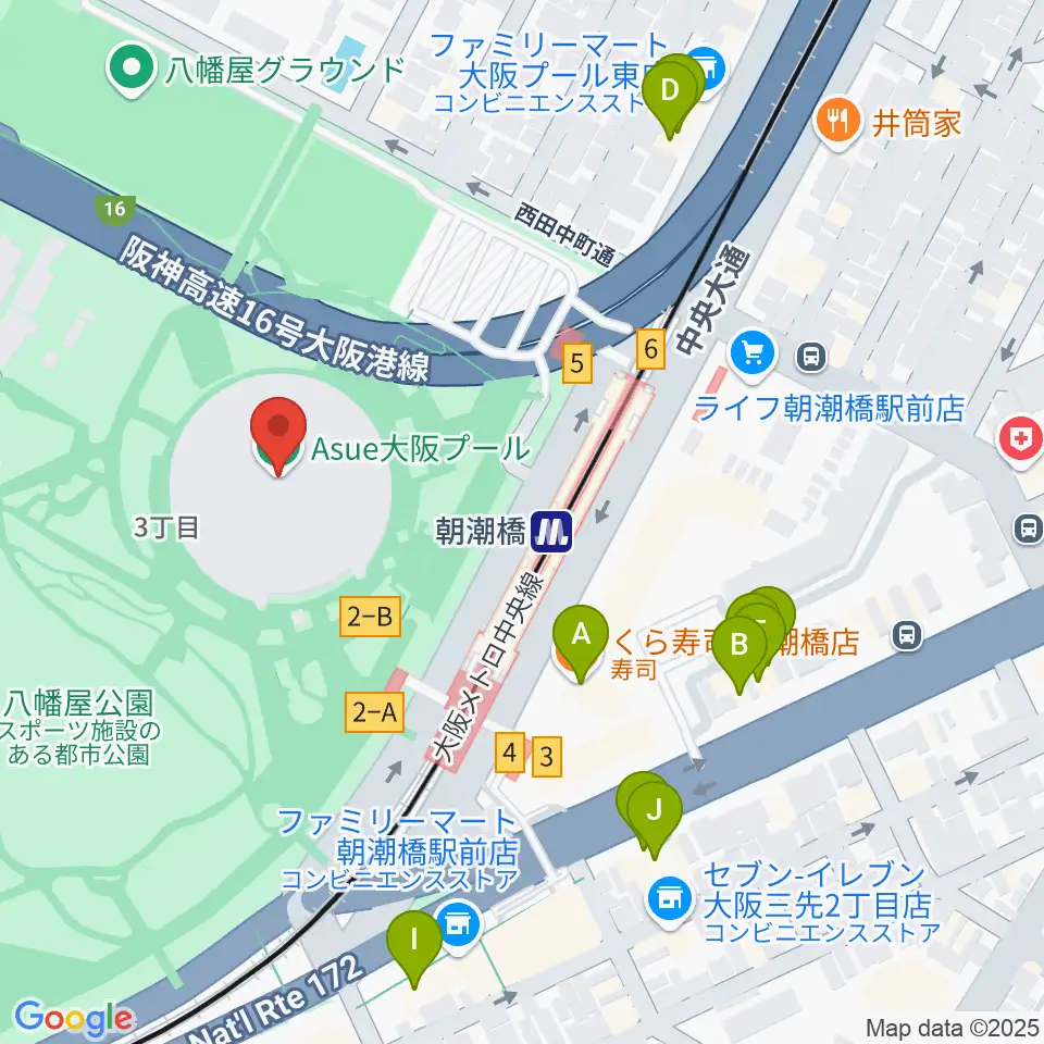 Asue大阪プール周辺のファミレス・ファーストフード一覧地図