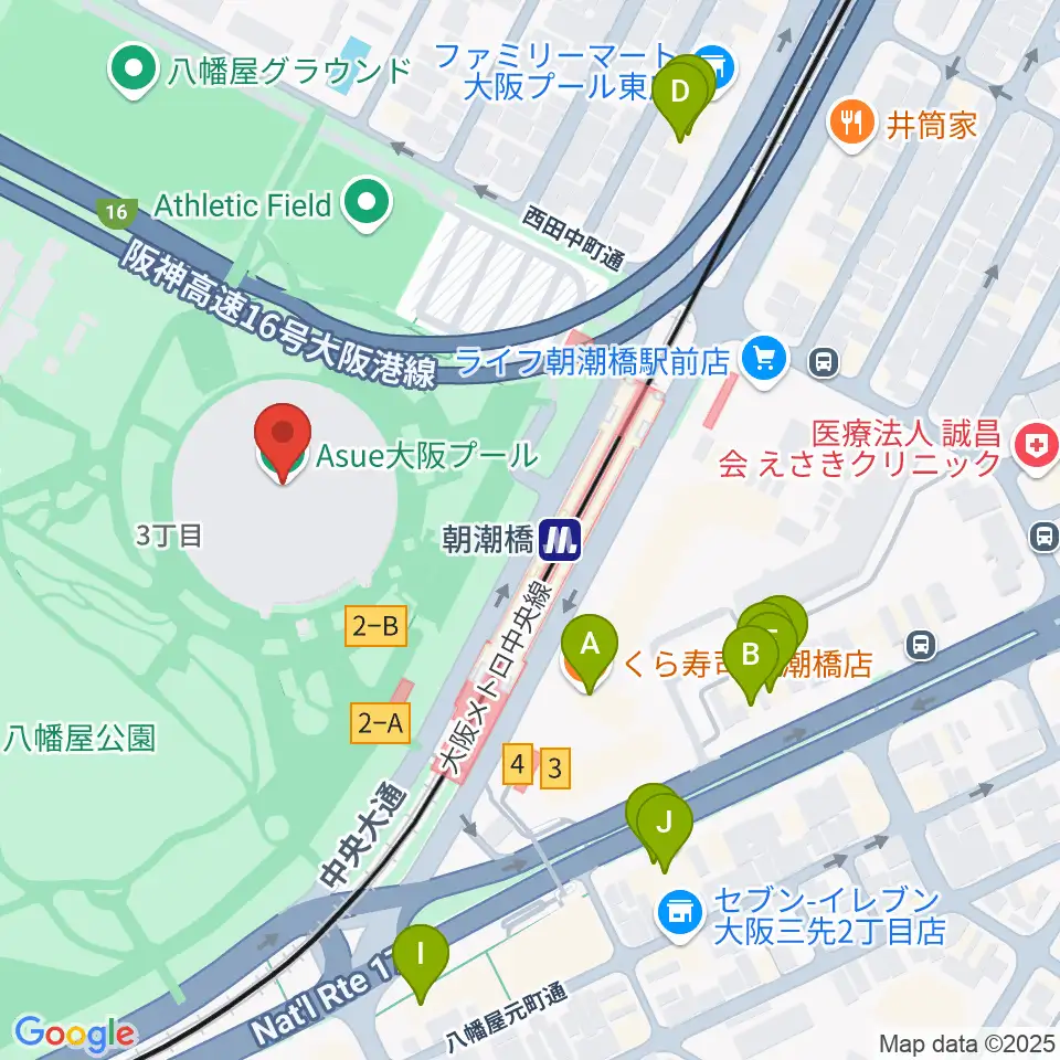 Asue大阪プール周辺のファミレス・ファーストフード一覧地図