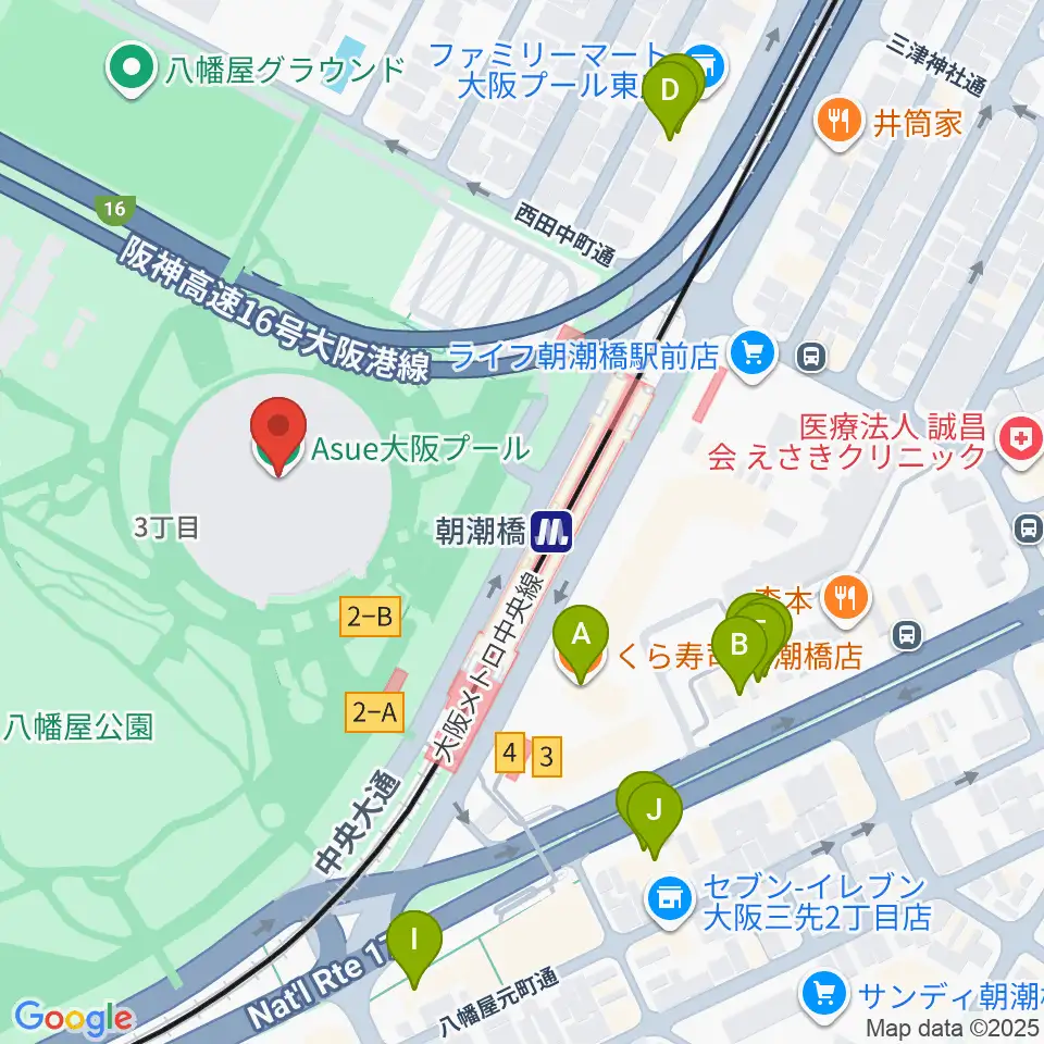 Asue大阪プール周辺のファミレス・ファーストフード一覧地図