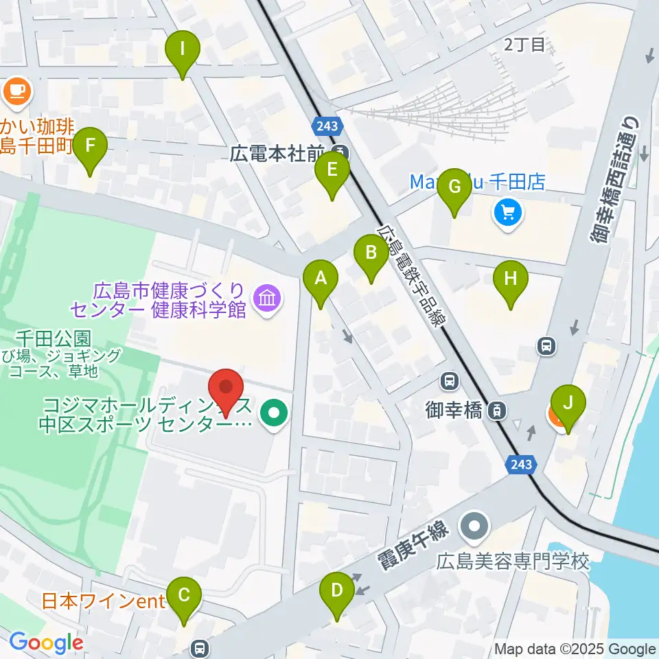 コジマホールディングス中区スポーツセンター周辺のファミレス・ファーストフード一覧地図