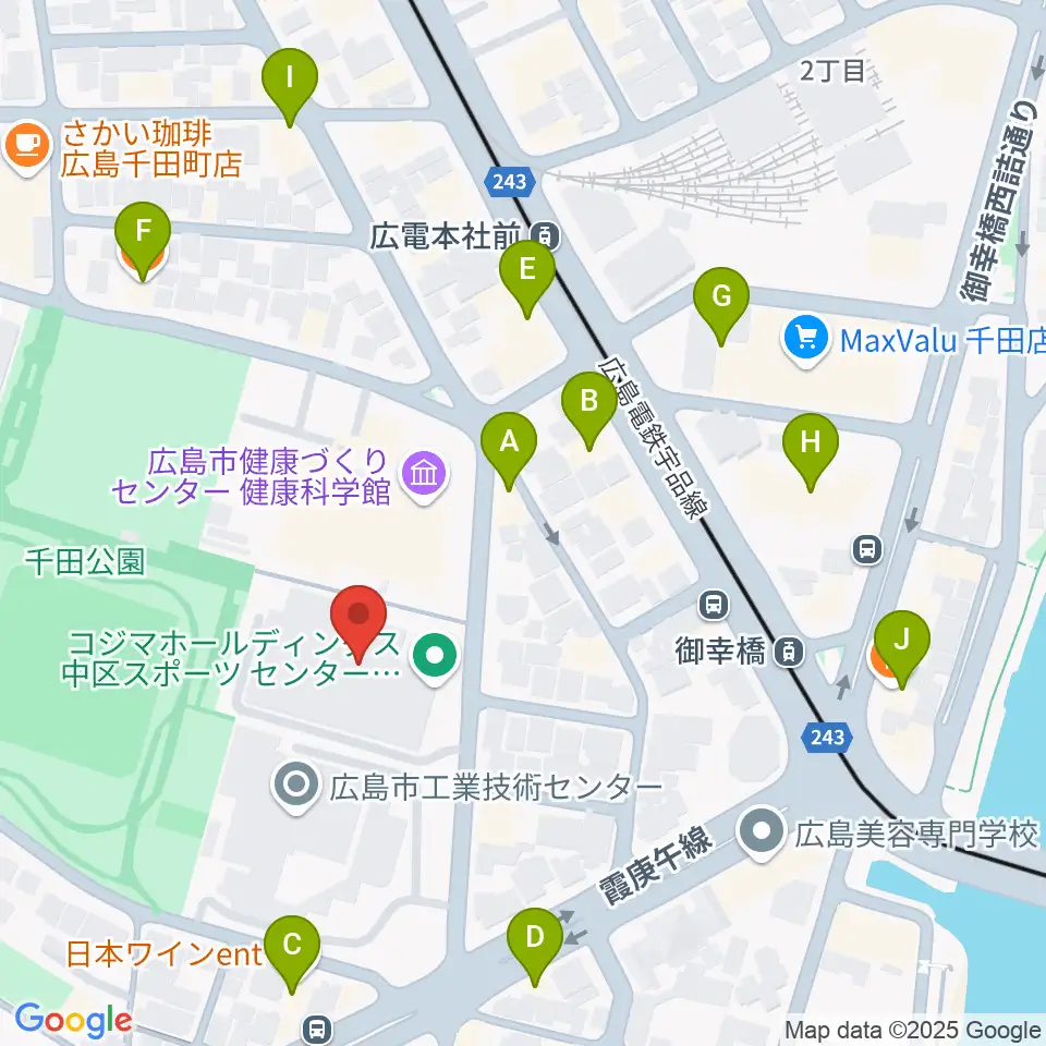 コジマホールディングス中区スポーツセンター周辺のファミレス・ファーストフード一覧地図