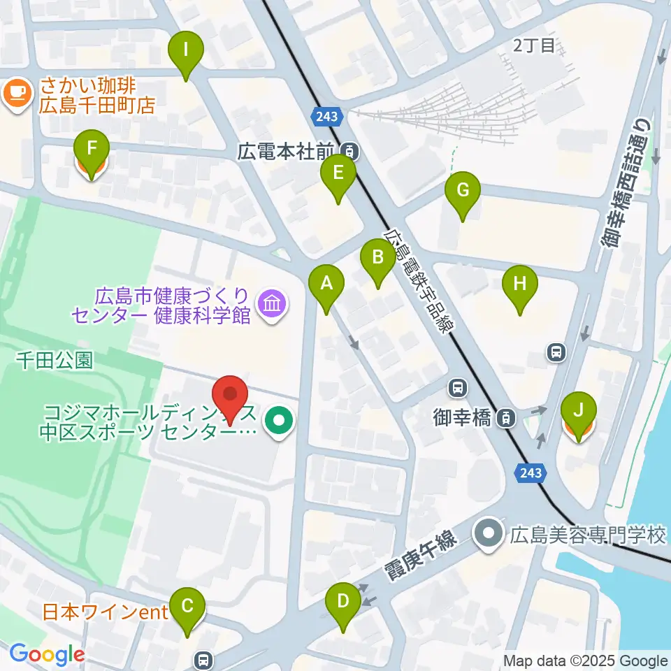 コジマホールディングス中区スポーツセンター周辺のファミレス・ファーストフード一覧地図