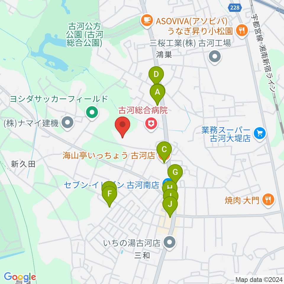 ヨシダスタジアム周辺のファミレス・ファーストフード一覧地図