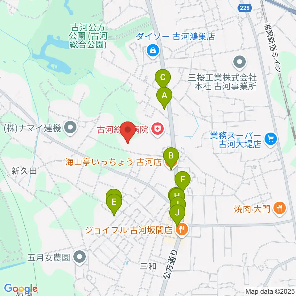 ヨシダスタジアム周辺のファミレス・ファーストフード一覧地図