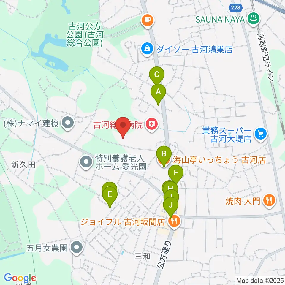 ヨシダスタジアム周辺のファミレス・ファーストフード一覧地図