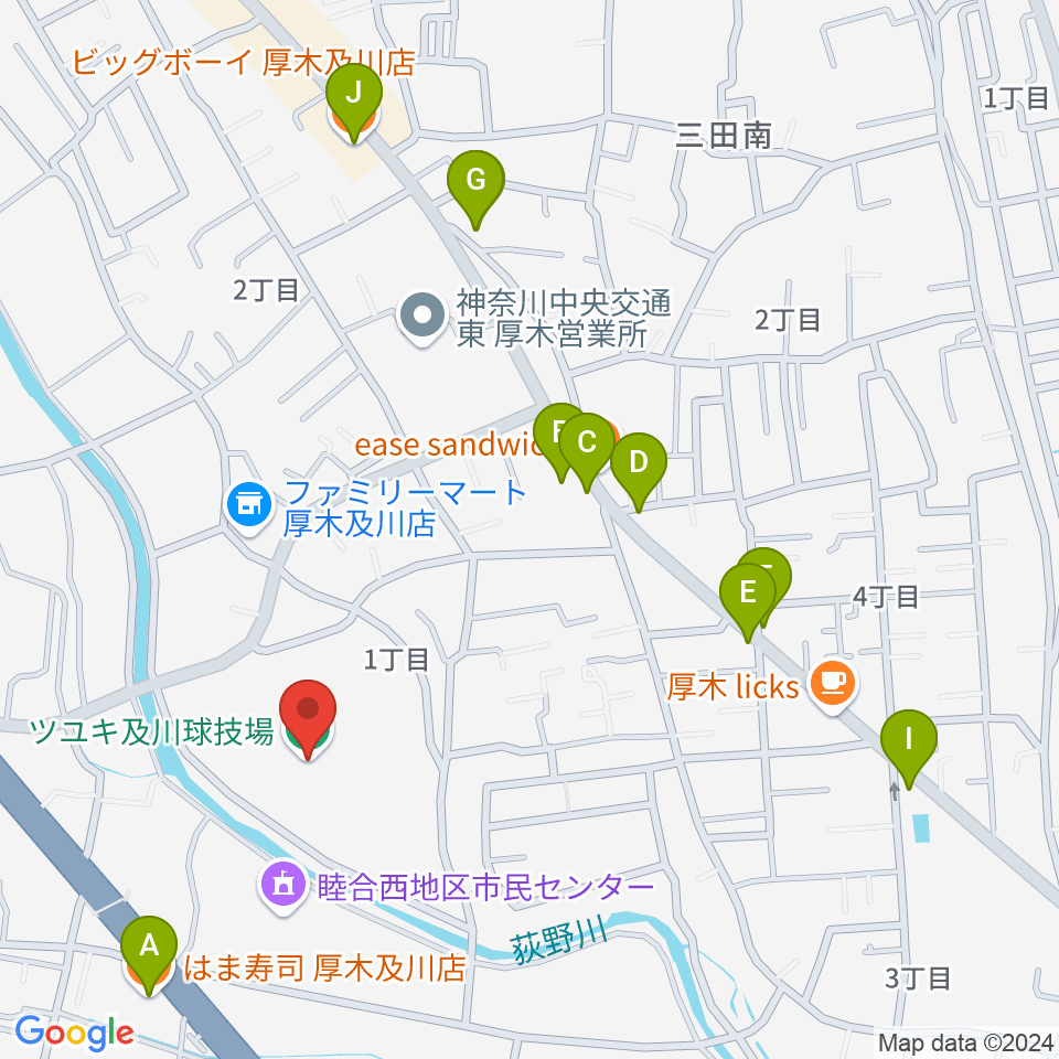 ツユキ及川球技場周辺のファミレス・ファーストフード一覧地図