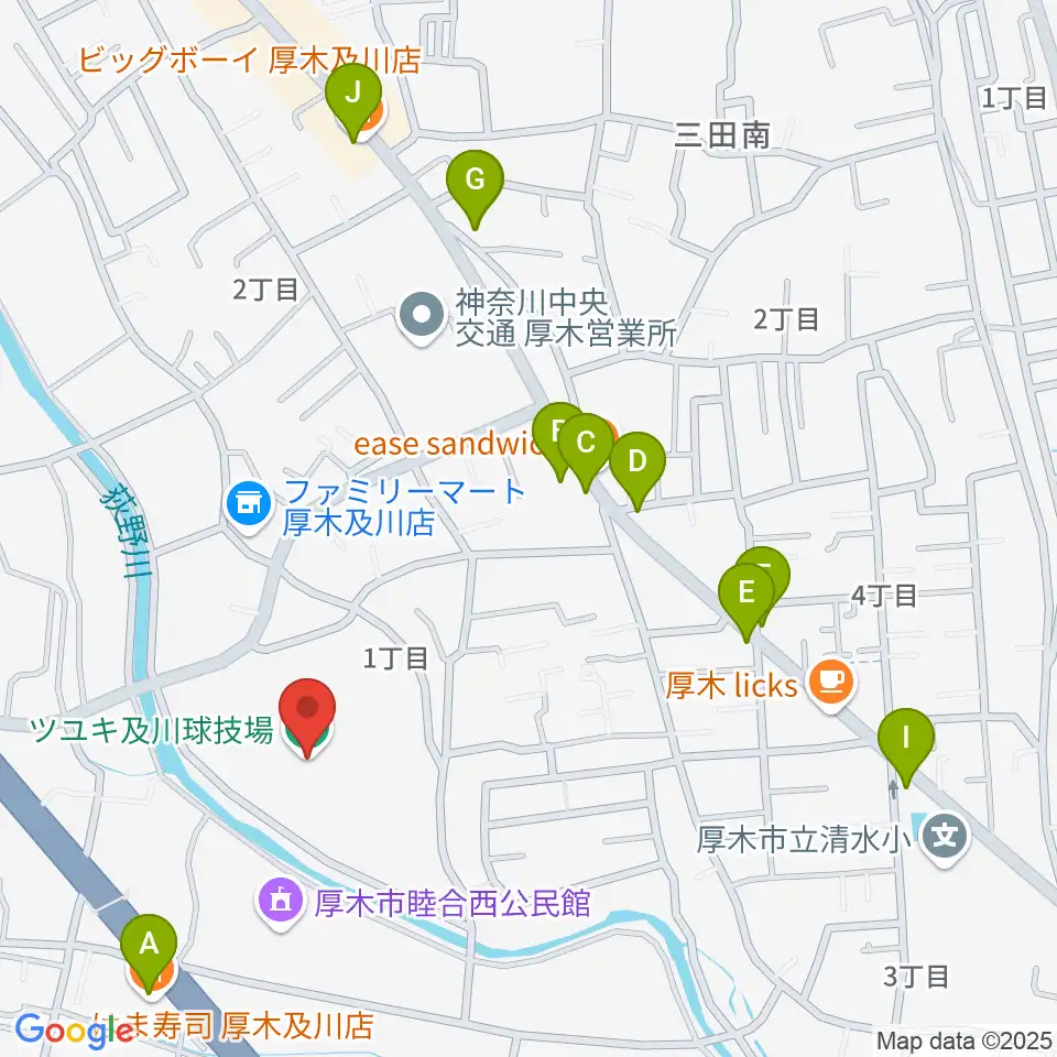 ツユキ及川球技場周辺のファミレス・ファーストフード一覧地図
