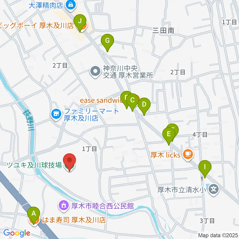 ツユキ及川球技場周辺のファミレス・ファーストフード一覧地図