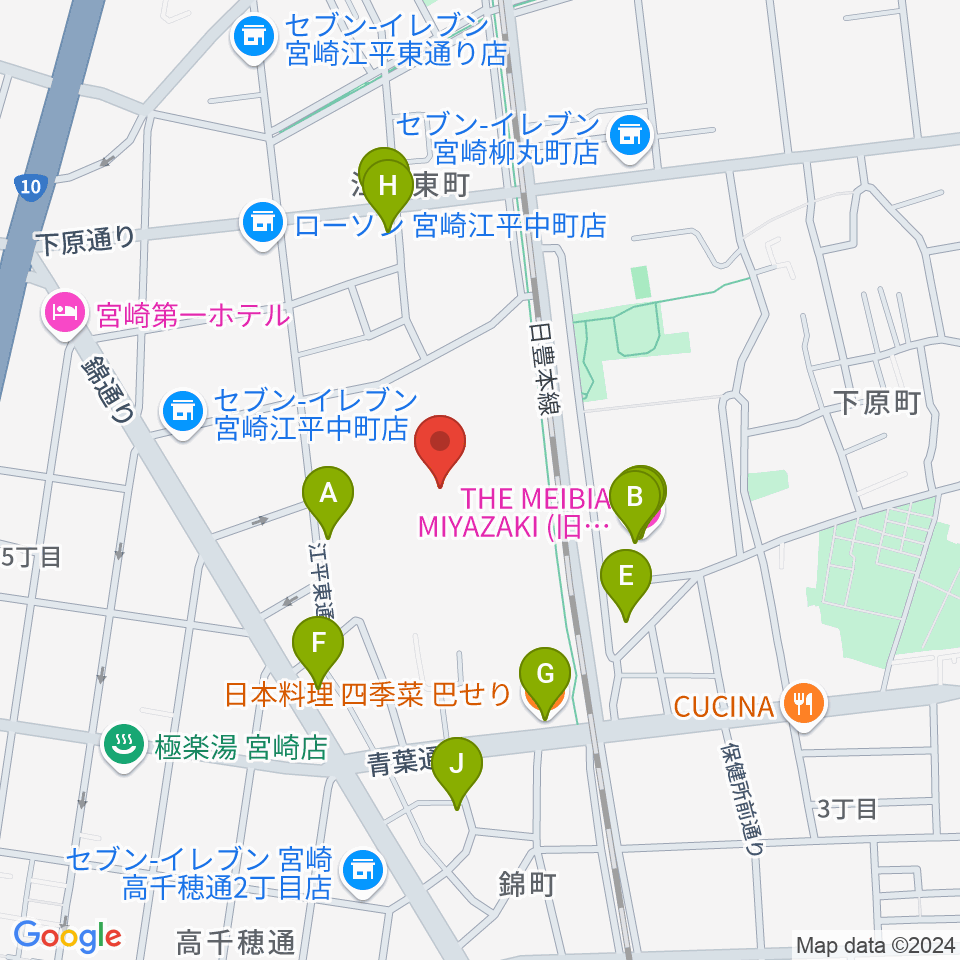 パーソルアクアパーク宮崎周辺のファミレス・ファーストフード一覧地図