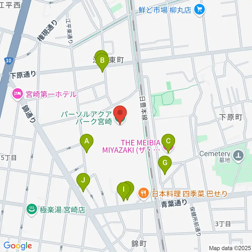 パーソルアクアパーク宮崎周辺のファミレス・ファーストフード一覧地図