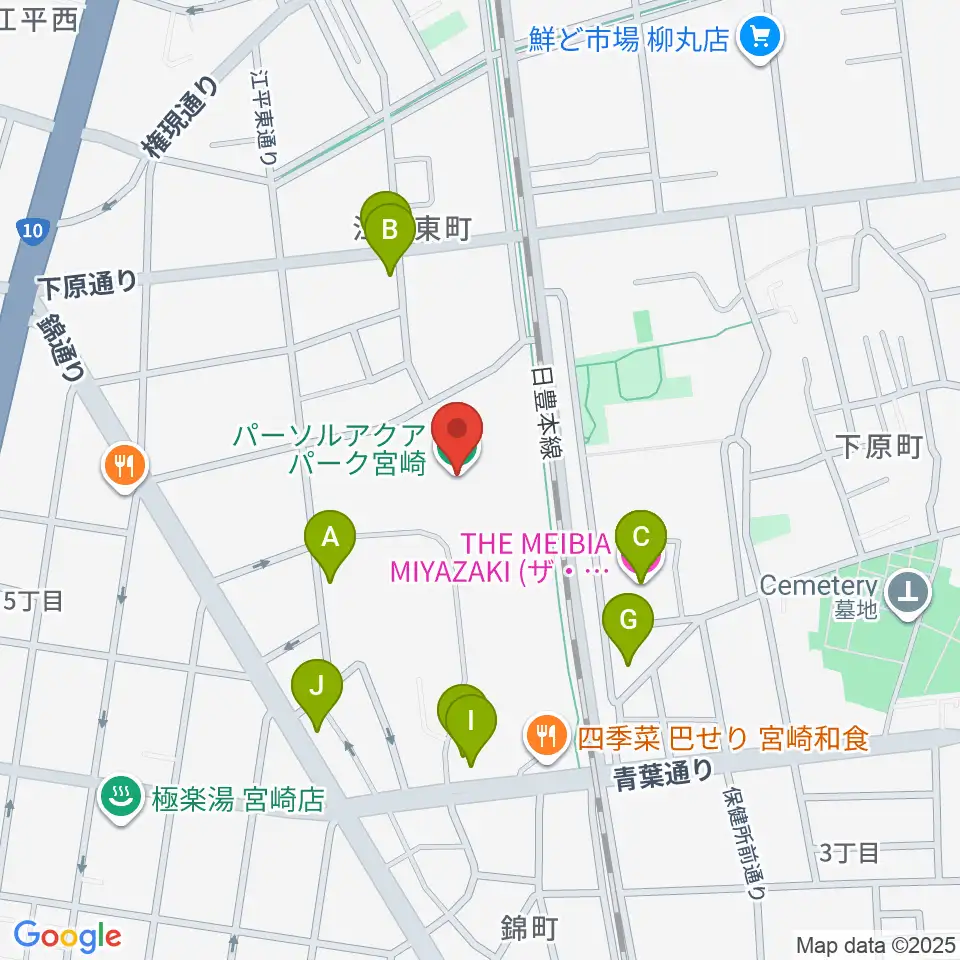 パーソルアクアパーク宮崎周辺のファミレス・ファーストフード一覧地図