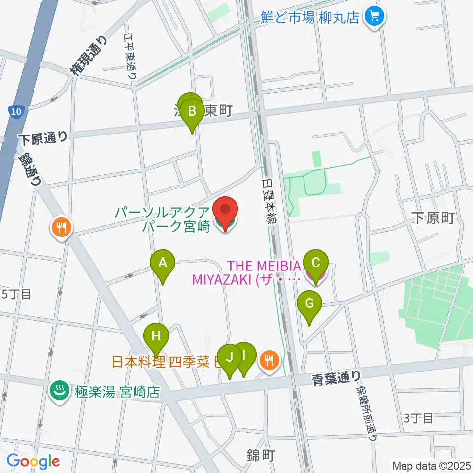 パーソルアクアパーク宮崎周辺のファミレス・ファーストフード一覧地図