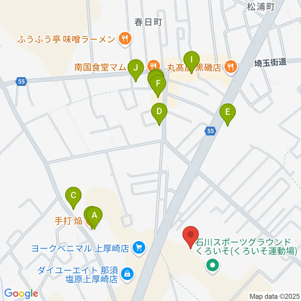 石川スポーツグラウンドくろいそ野球場周辺のファミレス・ファーストフード一覧地図