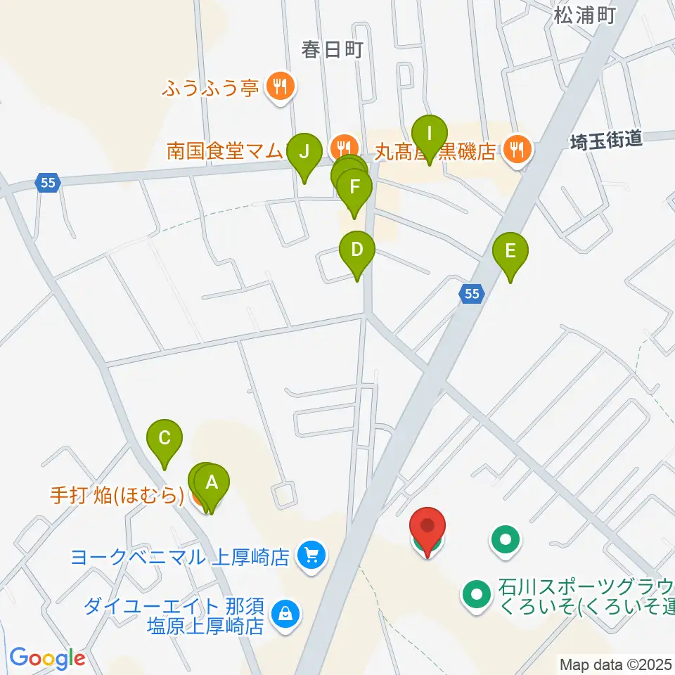 石川スポーツグラウンドくろいそ野球場周辺のファミレス・ファーストフード一覧地図