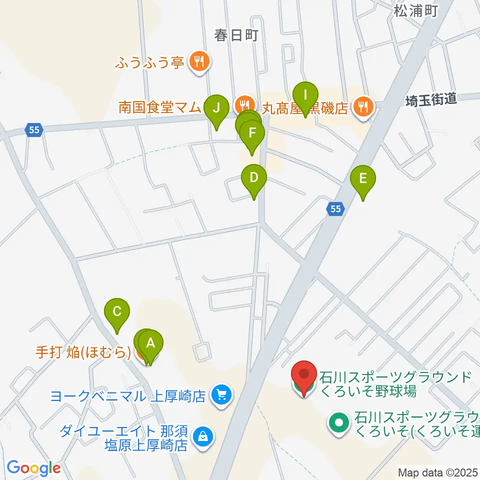 石川スポーツグラウンドくろいそ野球場周辺のファミレス・ファーストフード一覧地図