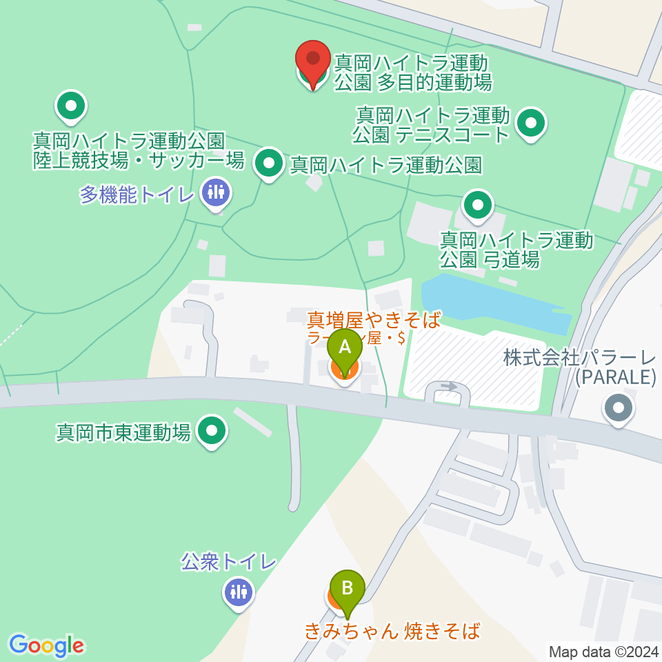 真岡ハイトラ運動公園多目的運動場周辺のファミレス・ファーストフード一覧地図