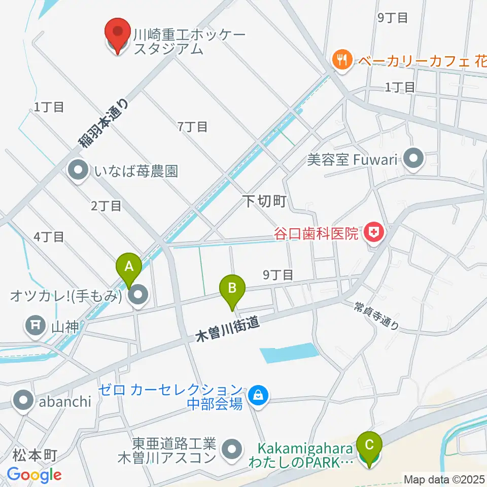 川崎重工ホッケースタジアム周辺のファミレス・ファーストフード一覧地図