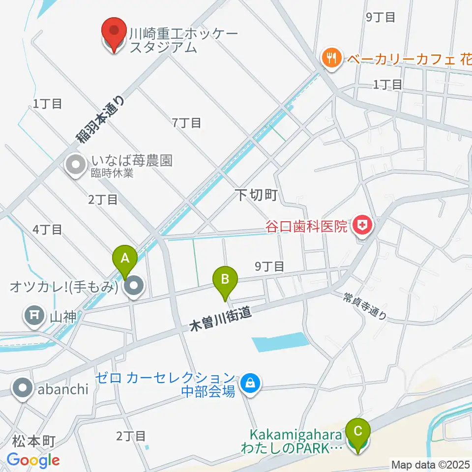 川崎重工ホッケースタジアム周辺のファミレス・ファーストフード一覧地図