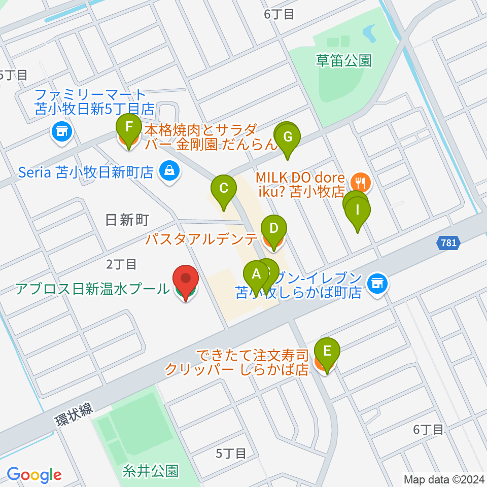 アブロス日新温水プール周辺のファミレス・ファーストフード一覧地図