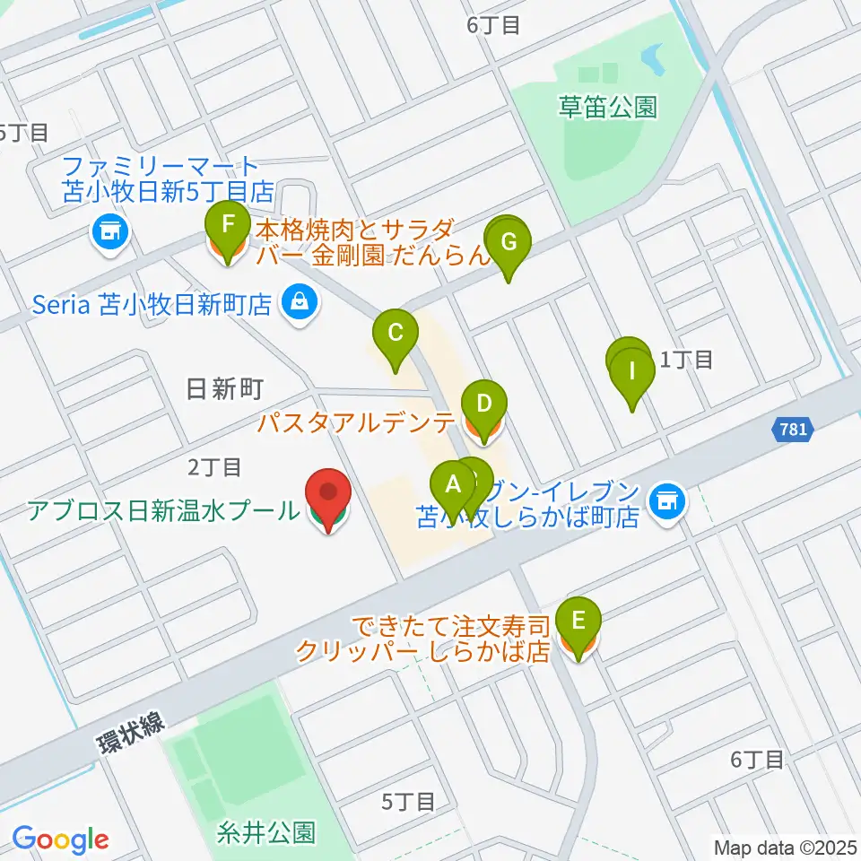 アブロス日新温水プール周辺のファミレス・ファーストフード一覧地図