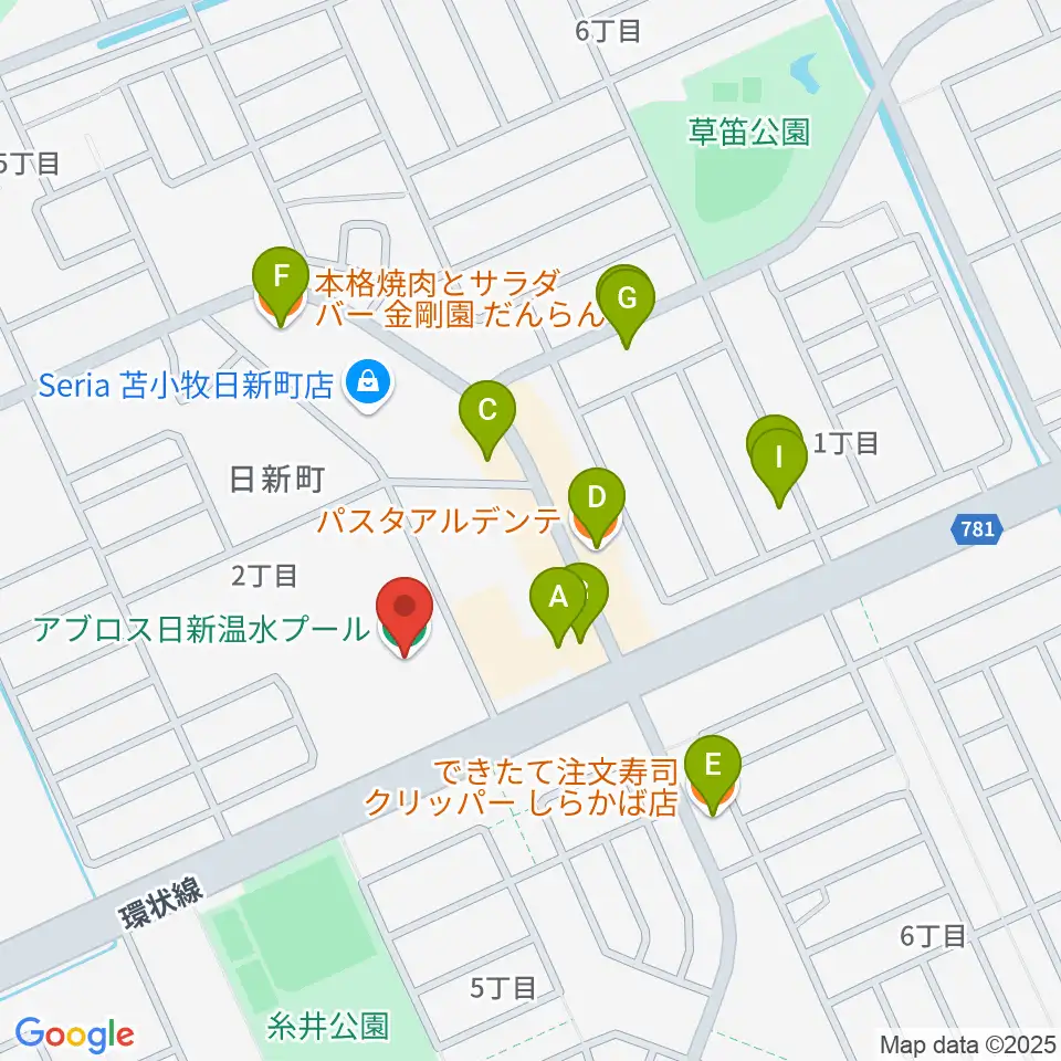 アブロス日新温水プール周辺のファミレス・ファーストフード一覧地図