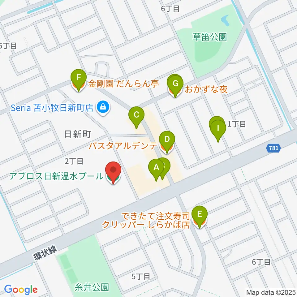 アブロス日新温水プール周辺のファミレス・ファーストフード一覧地図